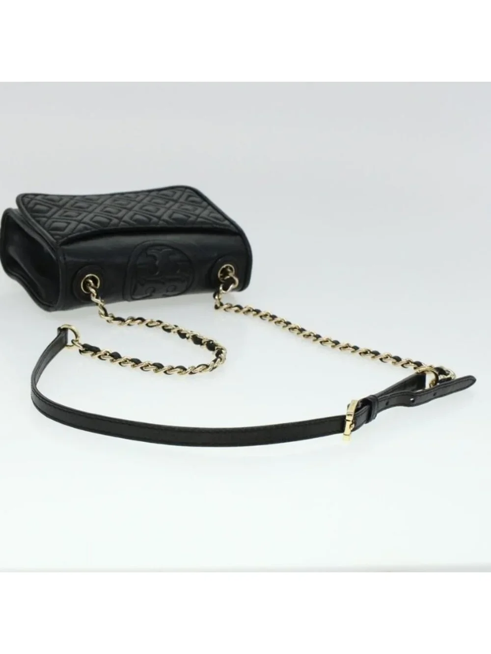 Authentic TORY BURCH Chain Shoulder Bag Leather Black